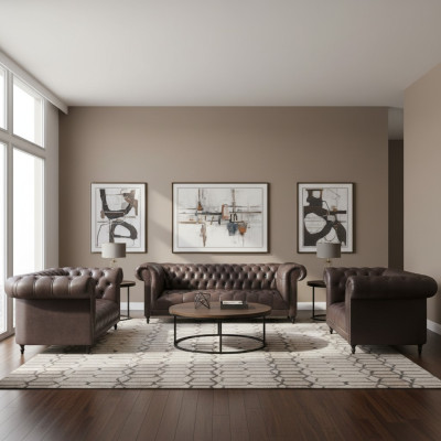 Wohnzimmer Set 3tlg Braun Leder Einrichtung Polstermöbel Chesterfield Neu