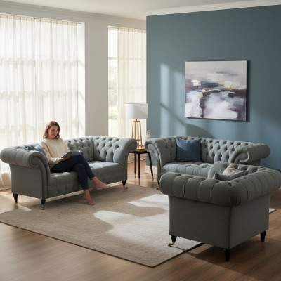 Chesterfield Grau Luxus Sofagarnitur 3tlg Wohnzimmer Modern Einrichtung