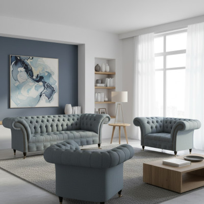 Chesterfield Grau Luxus Sofagarnitur 3tlg Wohnzimmer Modern Einrichtung