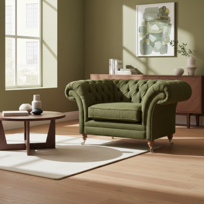 Luxus Sessel Modern Grün Wohnzimmer Polstermöbel Textil Sitz Chesterfield