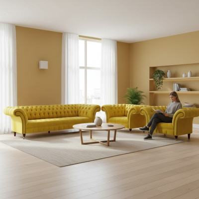Chesterfield Gelb Sofagarnitur Wohnzimmer Möbel Sofa Couch Textil Sessel