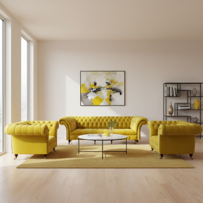 Chesterfield Gelb Sofagarnitur Wohnzimmer Möbel Sofa Couch Textil Sessel