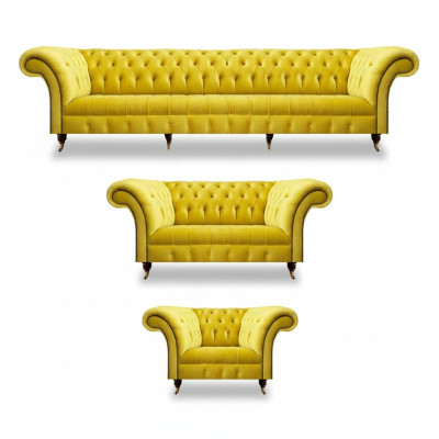 Chesterfield Gelb Sofagarnitur Wohnzimmer Möbel Sofa Couch Textil Sessel