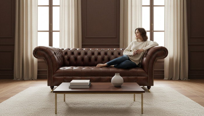 Exklusive Chesterfield Braune Ledercouch Moderner Dreisitzer Sitzmöbel