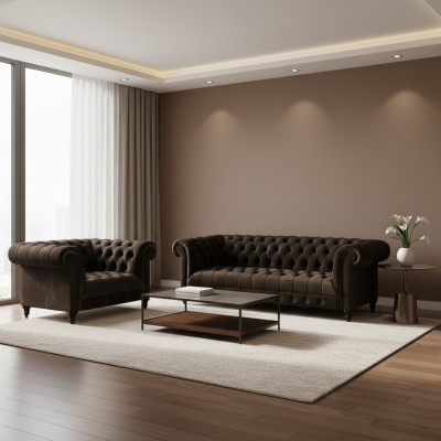 Braune Chesterfield Polster Garnitur Designer 3-Sitzer Textil Sessel 2tlg