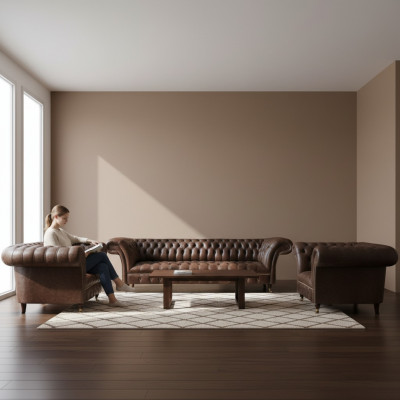 Wohnzimmer Braune Chesterfield Ledergarnitur Designer Sitzmöbel 3tlg Set