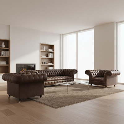 Wohnzimmer Braune Chesterfield Ledergarnitur Designer Sitzmöbel 3tlg Set