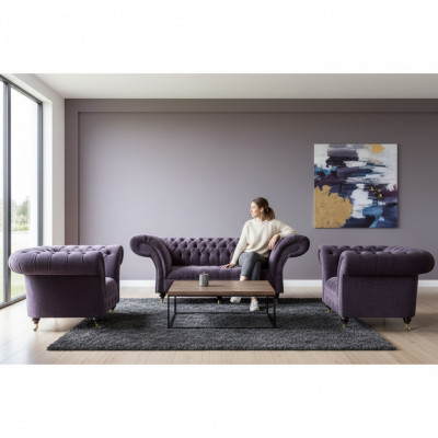 Lila Chesterfield Polstergarnitur Wohnzimmer 3-Sitzer Designer 2x Sessel