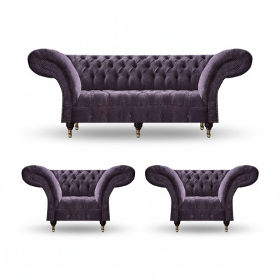 Lila Chesterfield Polstergarnitur Wohnzimmer 3-Sitzer Designer 2x Sessel