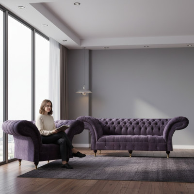 Lila Chesterfield Wohnzimmer Stoffcouchen Polster Möbel 2tlg Luxus Set