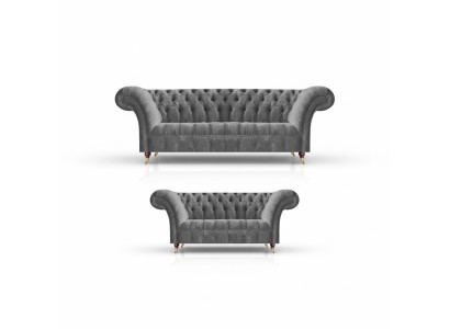 Wohnzimmer Graue Chesterfield Sofas Komplettes Set 3-Sitzer Zweisitzer