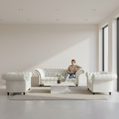 Weiße Chesterfield Sitzgarnitur 2x Designer Sessel Komplette Sitzmöbel