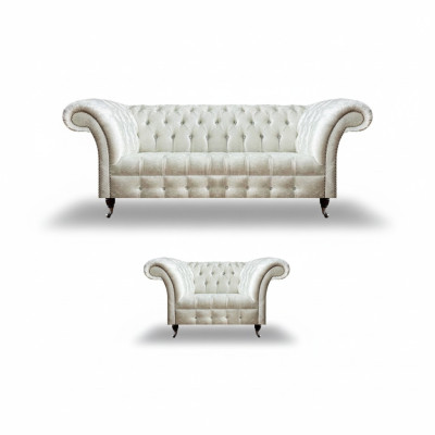 Moderne Chesterfield Weiße Stoffcouch Exklusiver Wohnzimmer Sessel 2tlg