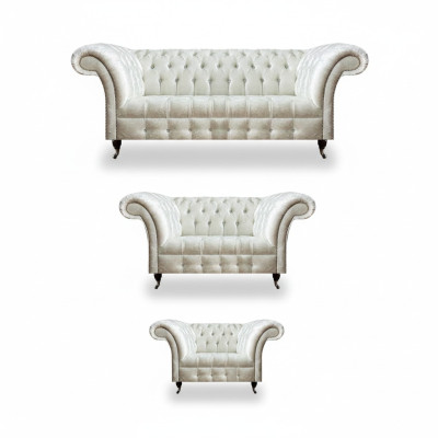 Weiße Chesterfield Textilsofas Wohnzimmer Sofagarnitur Designer Set 3tlg