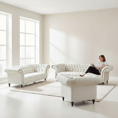 Weiße Chesterfield Textilgarnitur Designer Sitzmöbel Polster Garnitur