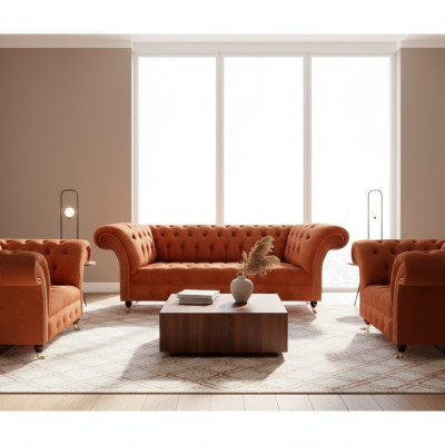 Wohnzimmer Braune Chesterfield Garnitur 2x Polstersessel 3-Sitzer 3tlg