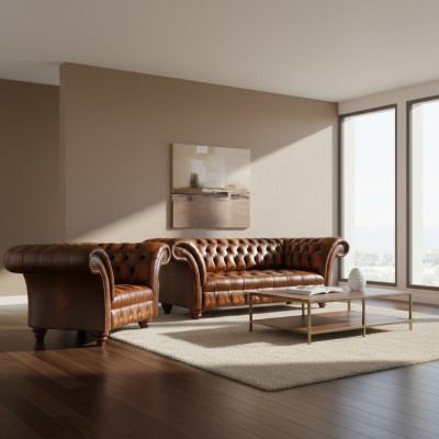 Luxuriöse Chesterfield Wohnzimmer Sitzgarnitur Ledersessel 3-Sitzer 2tlg