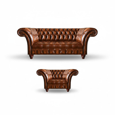 Luxuriöse Chesterfield Wohnzimmer Sitzgarnitur Ledersessel 3-Sitzer 2tlg