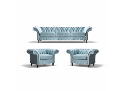 Chesterfield Polster Sitzmöbel Blaue Sofagarnitur 3-Sitzer 2x Sessel