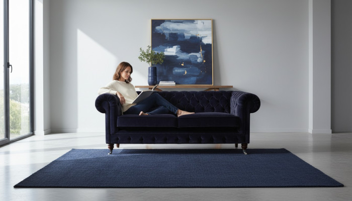 Dunkelblauer Chesterfield Zweisitzer Wohnzimmer Edles Stoffsofa Couch