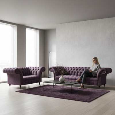 Komplette Chesterfield Lila Sitzgarnitur 2x Sofas Dreisitzer 2-Sitzer