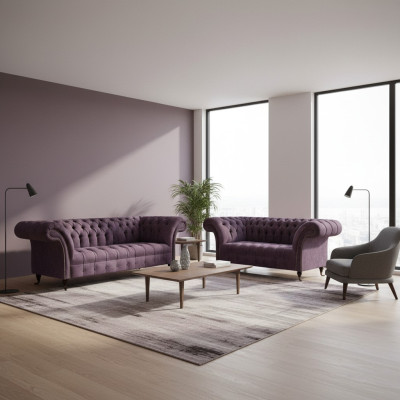 Komplette Chesterfield Lila Sitzgarnitur 2x Sofas Dreisitzer 2-Sitzer