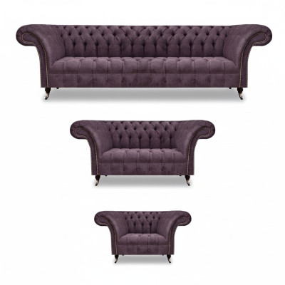 Chesterfield Lila Textilsofas Designer Polster Couchen 3tlg Garnitur