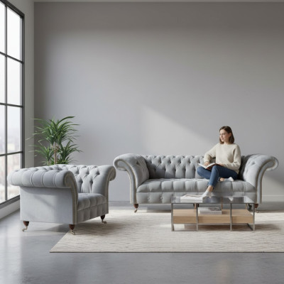 Komplette Graue Chesterfield Sitzmöbel Edler Lenhsessel 3-Sitzer Couch