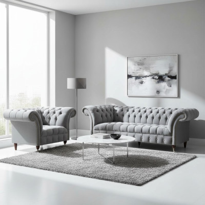 Komplette Graue Chesterfield Sitzmöbel Edler Lenhsessel 3-Sitzer Couch