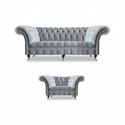 Komplette Graue Chesterfield Sitzmöbel Edler Lenhsessel 3-Sitzer Couch