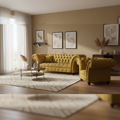 Luxuriöse Chesterfield Gelbe Couch Textil Sessel Moderner 3-Sitzer 2tlg