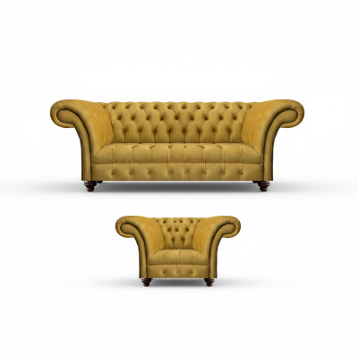 Luxuriöse Chesterfield Gelbe Couch Textil Sessel Moderner 3-Sitzer 2tlg