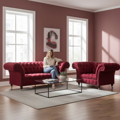 Rosa Chesterfield 3-Sitzer Stilvoller Zweisitzer Wohnzimmer Textil Set