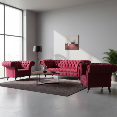 Rosa Chesterfield 3-Sitzer Stilvoller Zweisitzer Wohnzimmer Textil Set