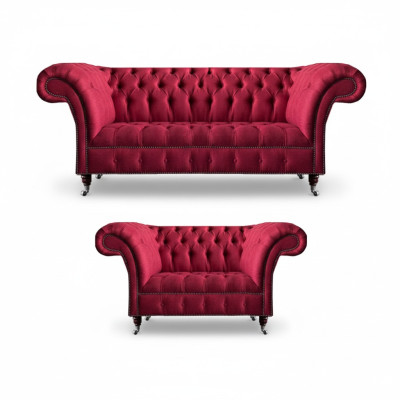 Rosa Chesterfield 3-Sitzer Stilvoller Zweisitzer Wohnzimmer Textil Set