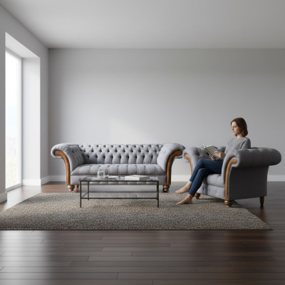 Luxuriöse Chesterfield Hellgraue Sofagarnitur Polstersofas Edler Sessel