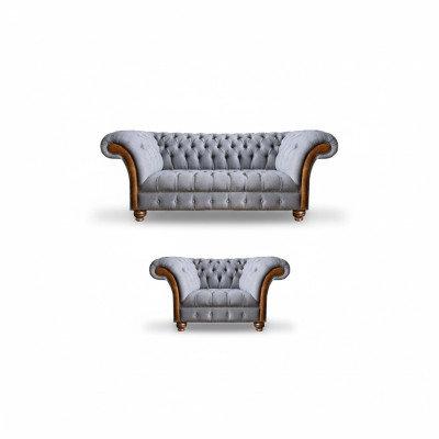 Luxuriöse Chesterfield Hellgraue Sofagarnitur Polstersofas Edler Sessel