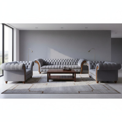 Chesterfield Hellgraue Polster Sofagarnitur Textil Designer 3tlg Set