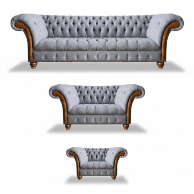 Chesterfield Hellgraue Polster Sofagarnitur Textil Designer 3tlg Set