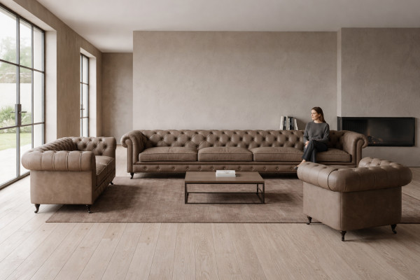 Moderne Graue Chesterfield Garnitur Polstermöbel Textil Couchen 3tlg