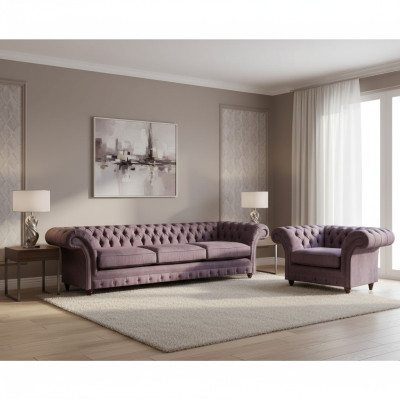 Lila Chesterfield Polstergarnitur Stilvoller Dreisitzer Textil Sessel
