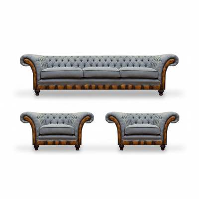 Stilvolle Chesterfield Hellgraue Couchgarnitur Wohnzimmer Sofas 3tlg