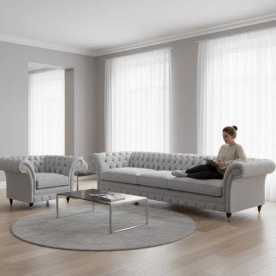 Weißer Chesterfield Dreisitzer Luxuriöser Wohnzimmer Polstersessel 2tlg