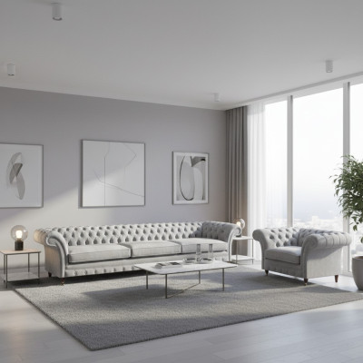 Weißer Chesterfield Dreisitzer Luxuriöser Wohnzimmer Polstersessel 2tlg