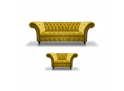 Moderne Gelbe Chesterfield Polstergarnitur Edler 3-Sitzer Textilsessel