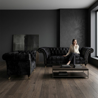 Luxuriöse Chesterfield Schwarze Textil Sitzgarnitur Wohnzimmer Möbel