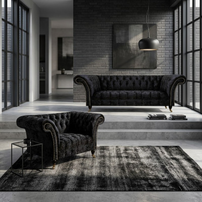 Luxuriöse Chesterfield Schwarze Textil Sitzgarnitur Wohnzimmer Möbel