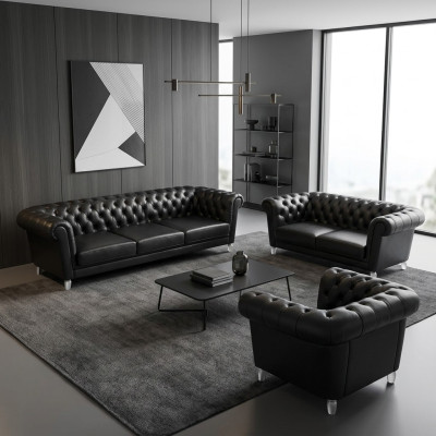 Schwarze Chesterfield Ledergarnitur Designer Sofas Wohnzimmer Sessel