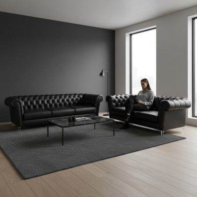 Schwarze Chesterfield Kunstleder Sofas Moderne Wohnzimmer Garnitur 2tlg