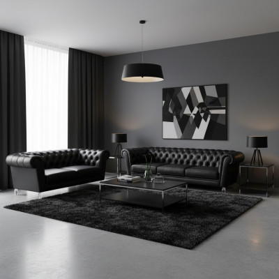 Schwarze Chesterfield Kunstleder Sofas Moderne Wohnzimmer Garnitur 2tlg